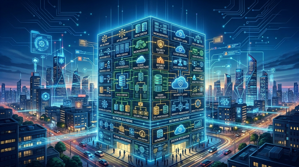 Digital enterprise architecture hub with data center, security layers, cloud services, and network backbone icons in a cityscape